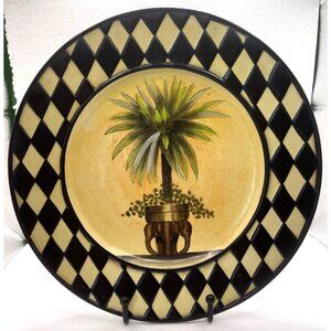 Home Interiors Palm Tree Plate Black Ivory Harlequin Diamond Border 10" Décor